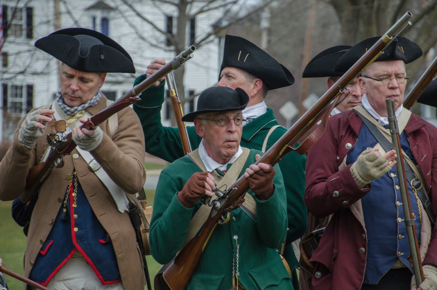 Musket safety is a major focus of the Minute Men's drills. (Sharon Brody/WBUR)
