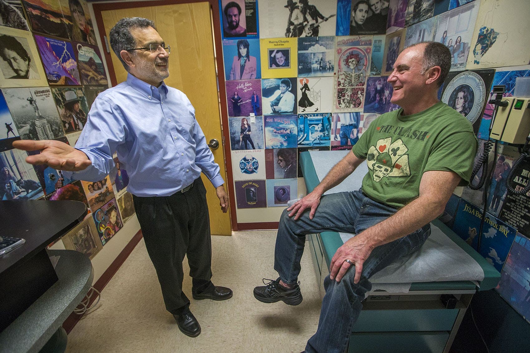 In all, it takes three appointments with Dr. Hayward Zwerling, left, two trips to the pharmacy and several emails and phone calls to try to get Larry Rose affordable insulin. (Jesse Costa/WBUR)