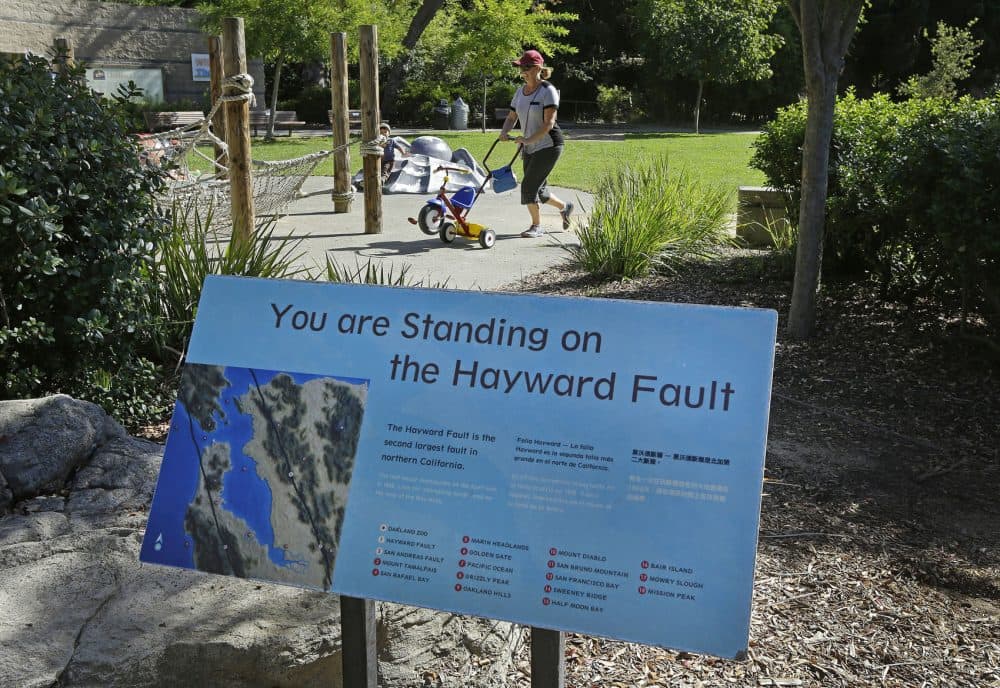 In this 2016 photo, a sign notifying people they are standing on the Hayward Fault stands at the children's zoo area at the Oakland Zoo in Oakland, Calif. (Ben Margot/AP)