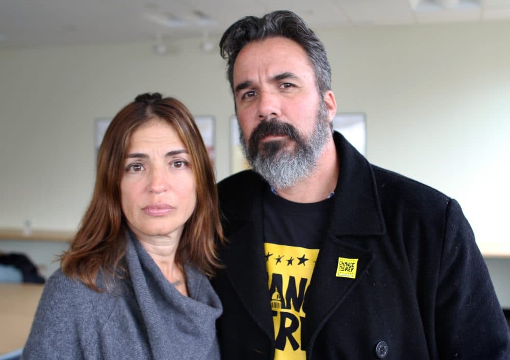 Patricia and Manuel Oliver lost their son, Joaquin, in the Parkland school shooting. Now Manuel is touring the country installing murals calling for more gun control. (Amy Gorel/WBUR)