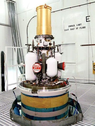 A prototype exoatmospheric kill vehicle is readied for launch from Meck Island at the Kwajalein Missile Range on Dec. 3, 2001, for a planned intercept of a ballistic missile target over the central Pacific Ocean. (Courtesy of the U.S. Department of Defense)
