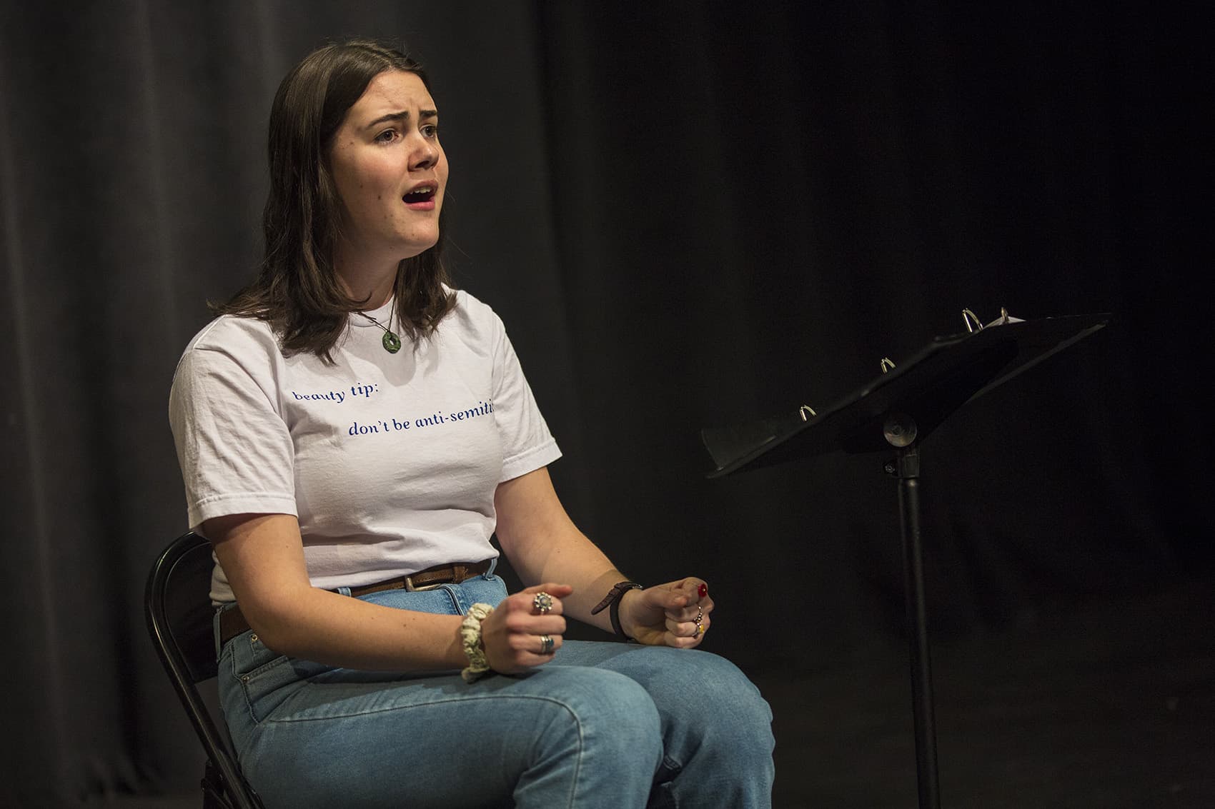 Gann Academy junior Julia Clardy rehearses the play. (Jesse Costa/WBUR)