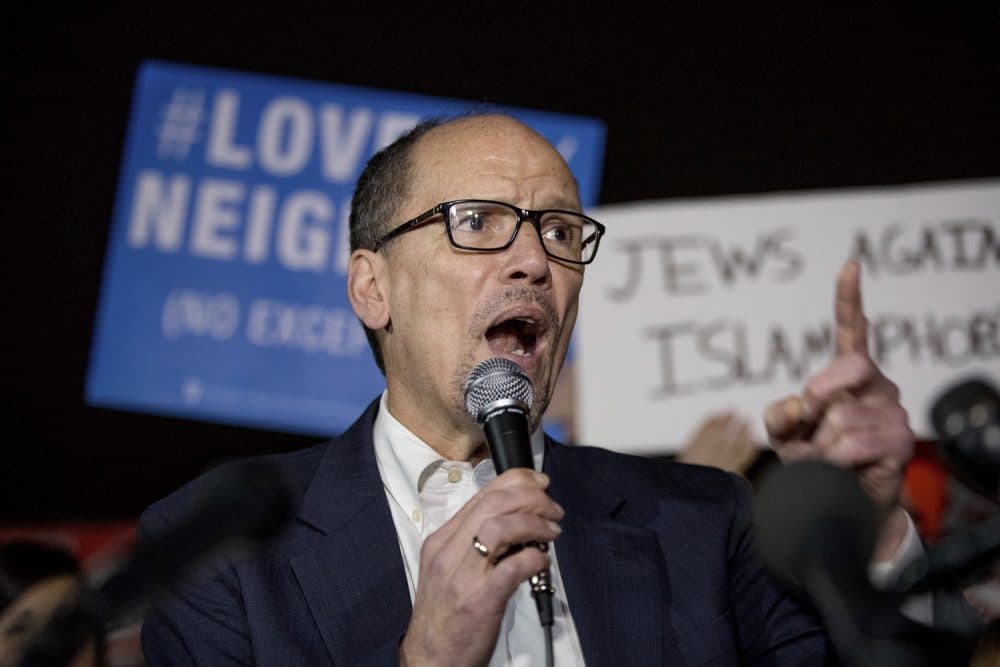 Democratic National Committee (DNC) Chairman Tom Perez speaks at a protest against President Donald Trump's new travel ban order in Lafayette Square outside the White House, Monday, March 6, 2017, in Washington. (Andrew Harnik/AP)