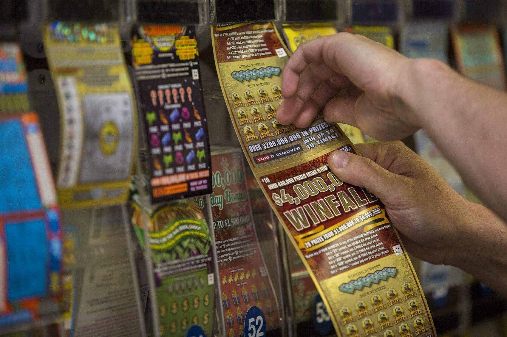 Lottery tickets at a convenience store in Boston. (Jesse Costa/WBUR)
