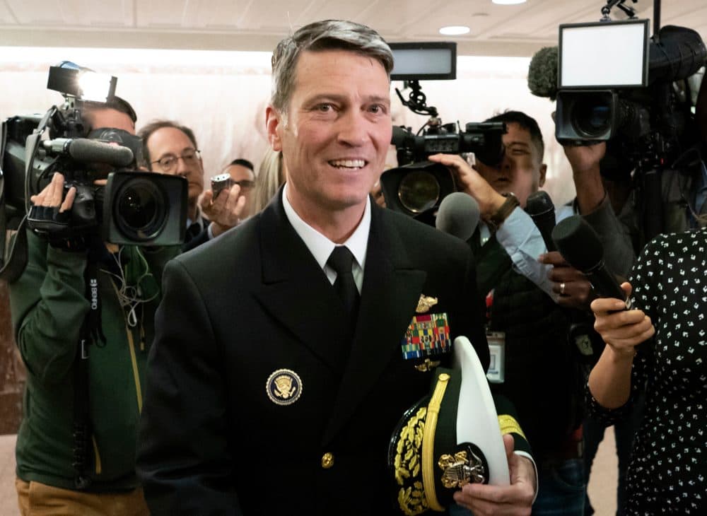 In this April 24, 2018, file photo, Rear Adm. Ronny Jackson, President Donald Trump's first choice to be secretary of the Department of Veterans Affairs, leaves a Senate office building after meeting individually with some members of the committee that would vet him for the post, on Capitol Hill in Washington. (J. Scott Applewhite, File/AP)