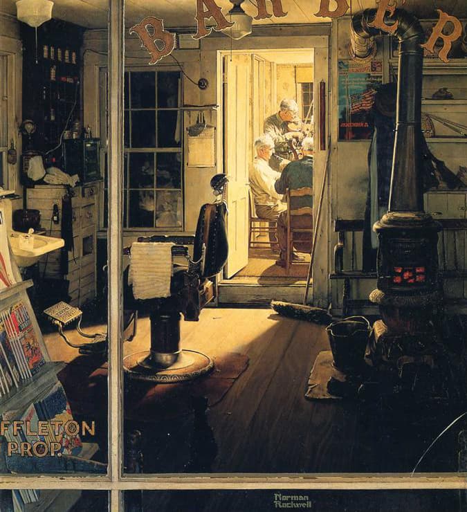 A closeup of Norman Rockwell's "Shuffleton's Barbershop."