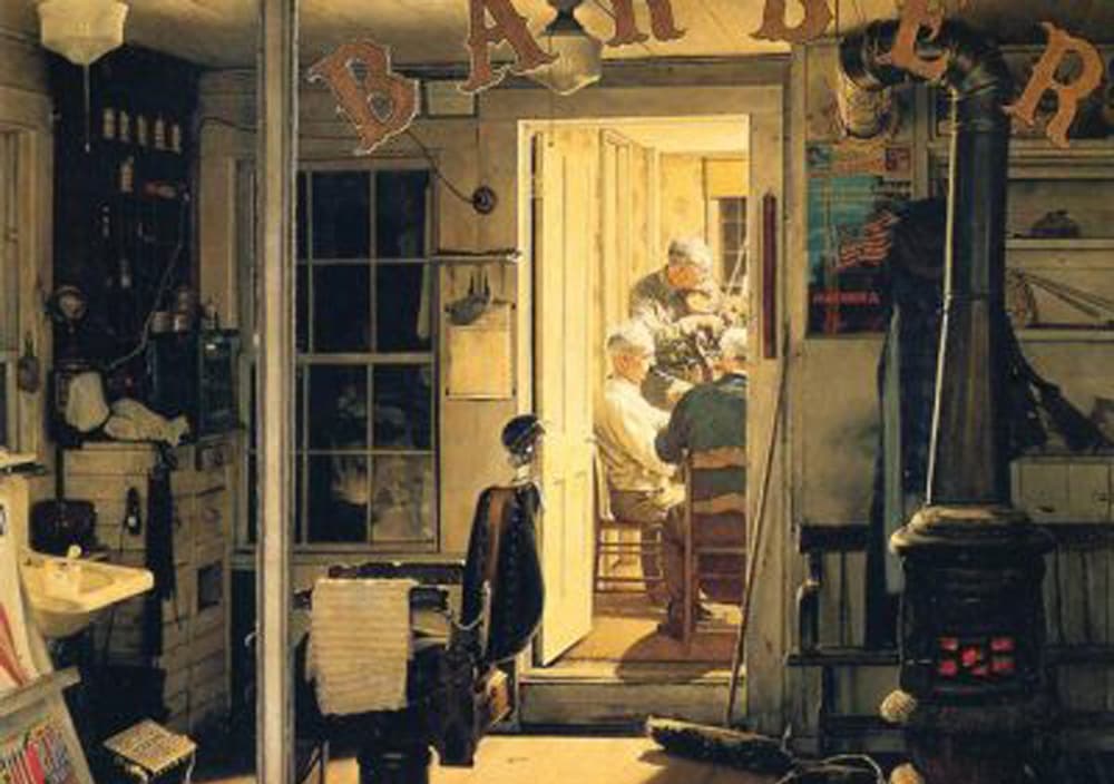 A closeup of Norman Rockwell's "Shuffleton's Barbershop."