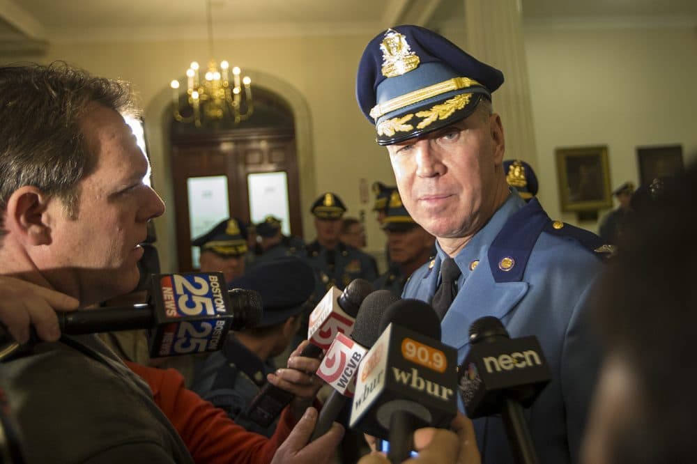 Former state police Colonel Richard McKeon answers questions at the State House last year. (Jesse Costa/WBUR)