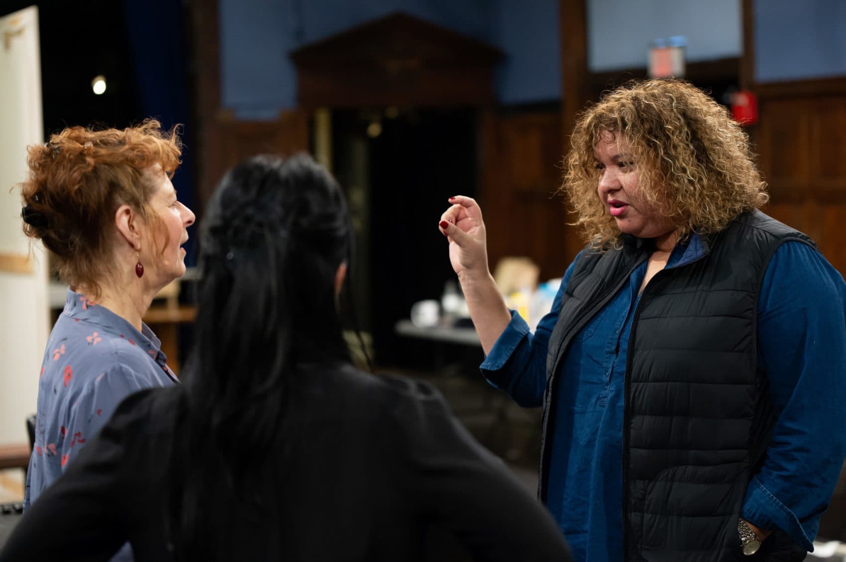 Director Liesl Tommy gives notes to the cast of "Top Girls." (Courtesy Mike Ritter/Huntington Theatre Company)