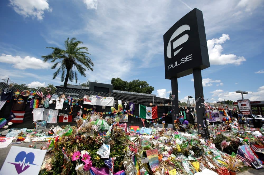 This 2016 photo shows a makeshift memorial outside the Pulse nightclub, a month after the mass shooting in Orlando. (John Raoux/AP)
