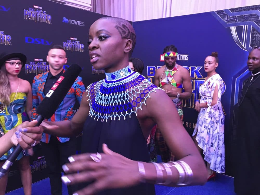 Danai Gurira speaks as the cast of “Black Panther” arrives at the South Africa premiere on Feb. 16 in Johannesburg. (Cara Anna/AP)