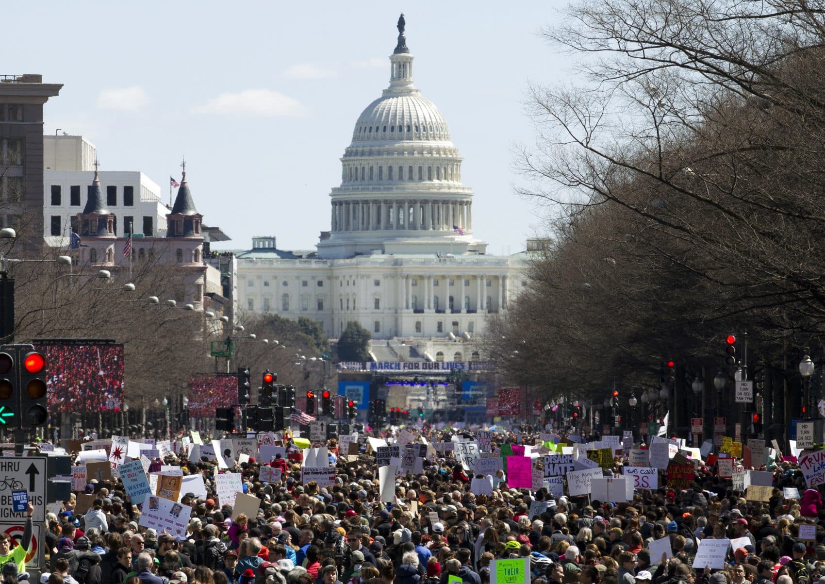 Protesters stand on Pennsylvania Avenue looking east toward the stage located near the Capitol during the "March for Our Lives" rally in Washington, Saturday, March 24, 2018. (Jose Luis Magana/AP)