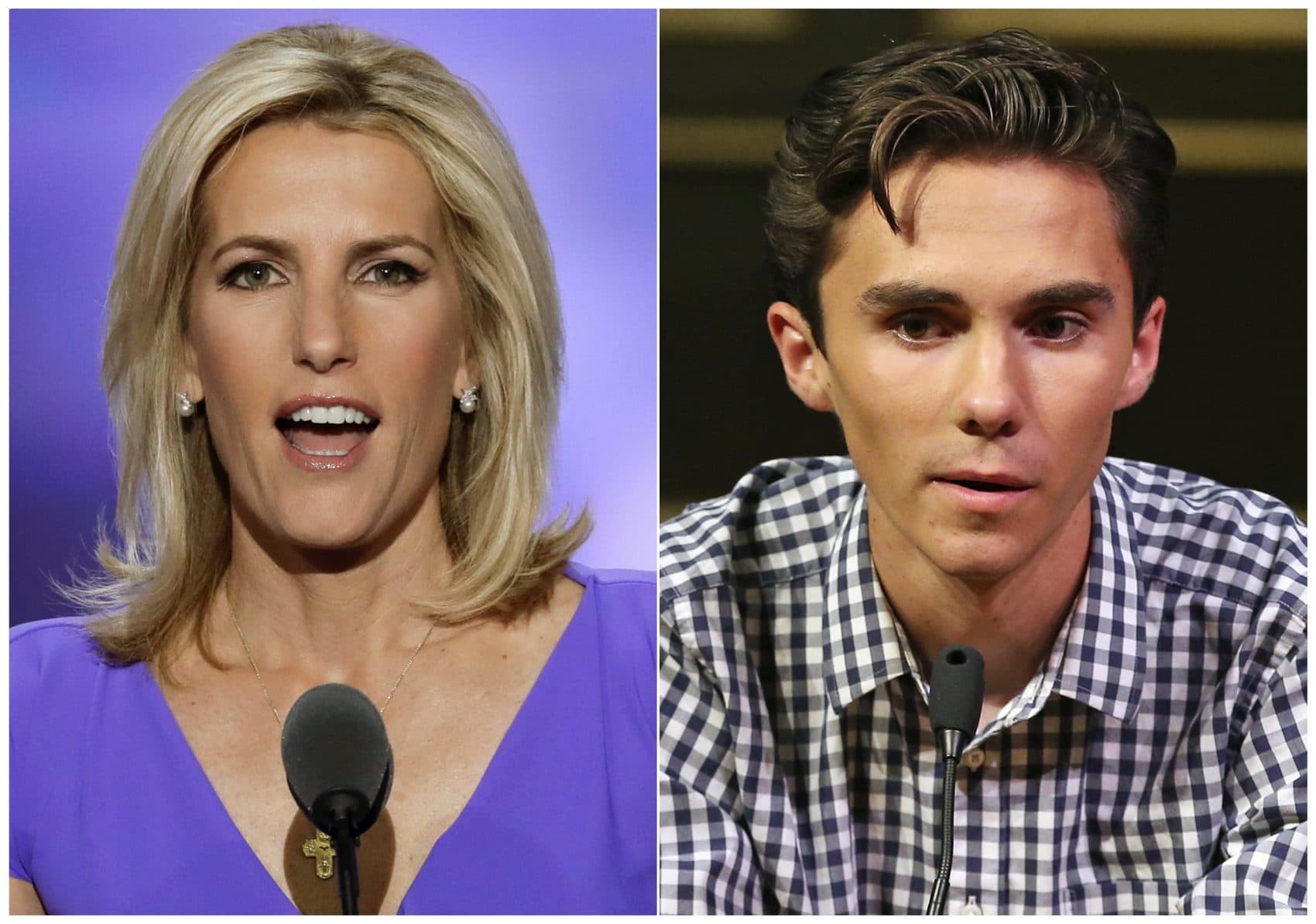 In this combination photo, Fox News personality Laura Ingraham speaks at the Republican National Convention in Cleveland on July 20, 2016, left, and David Hogg, a student survivor from Marjory Stoneman Douglas High School in Parkland, Fla., speaks at a rally for common sense gun legislation in Livingston, N.J. on Feb. 25, 2018. Some big name advertisers are dropping Ingraham after she publicly criticized Hogg, a student at Marjory Stoneman Douglas school on social media. (J. Scott Applewhite/AP, left, and Rich Schultz/AP)