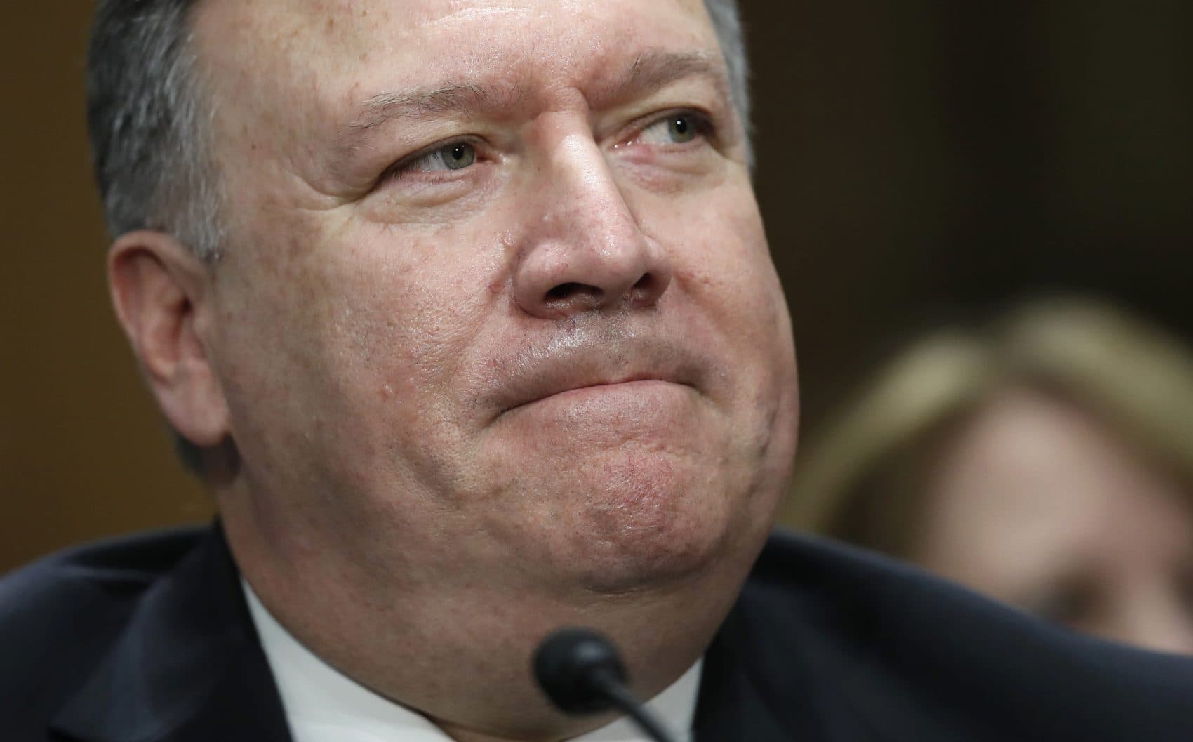 Secretary of State-designate Mike Pompeo pauses while speaking during the Senate Foreign Relations Committee hearing on confirmation Thursday, April 12, 2018, on Capitol Hill in Washington. (Alex Brandon/AP)