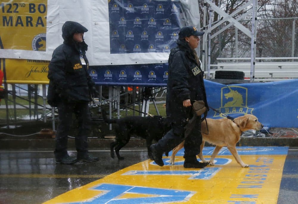 K-9 units cross the start line during a security patrol before the start of the 122nd running of the Boston Marathon in Hopkinton on Monday. (Mary Schwalm/AP)