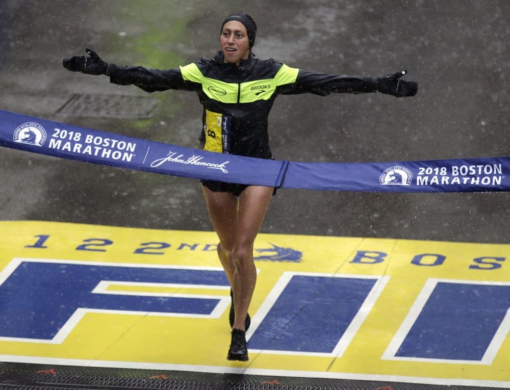 Desiree Linden, of Michigan, wins the women's division of the 122nd Boston Marathon. She is the first American woman to win the race since 1985. (Charles Krupa/AP)