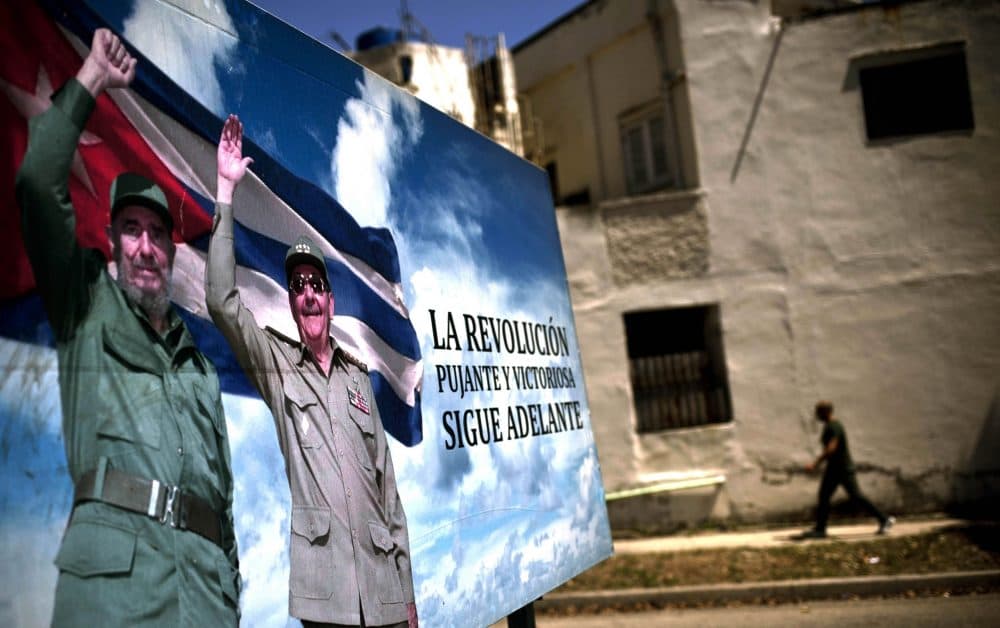 A poster of Fidel and Raul Castro stands in Havana, Cuba, Wednesday, April 18, 2018. (Ramon Espinosa/AP)