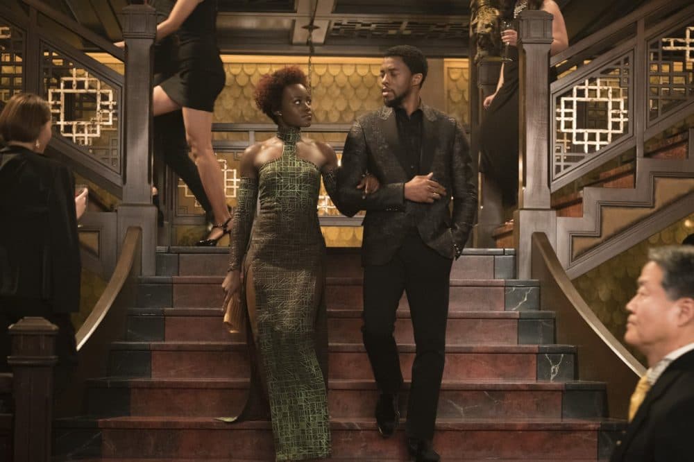 This image released by Disney-Marvel Studios shows, from left, Lupita Nyong'o and Chadwick Boseman in a scene from &quot;Black Panther.&quot; (Courtesy Disney/Marvel Studios)