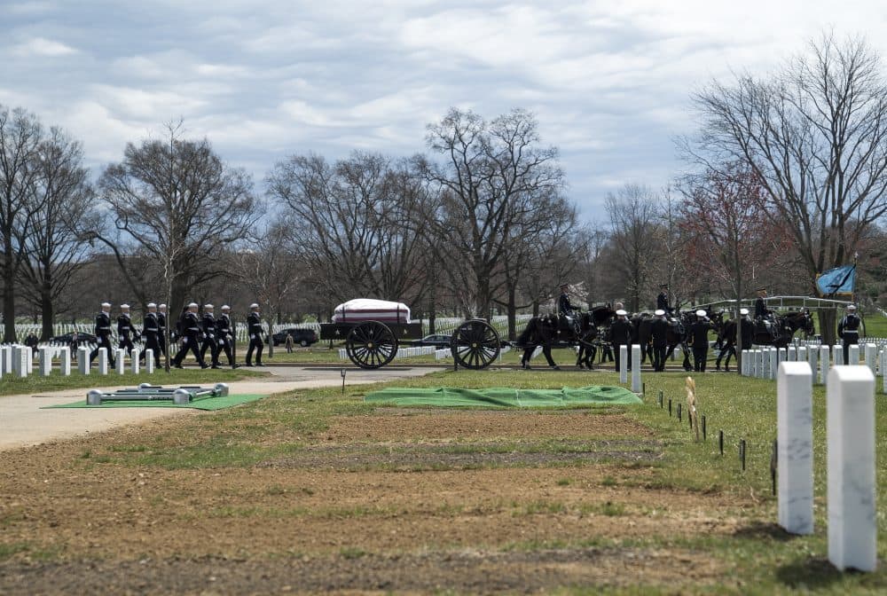 Navy Capt. Thomas Hudner Jr. was brought by horse-drawn caisson to the cemetery. (Eslah Attar/NPR)