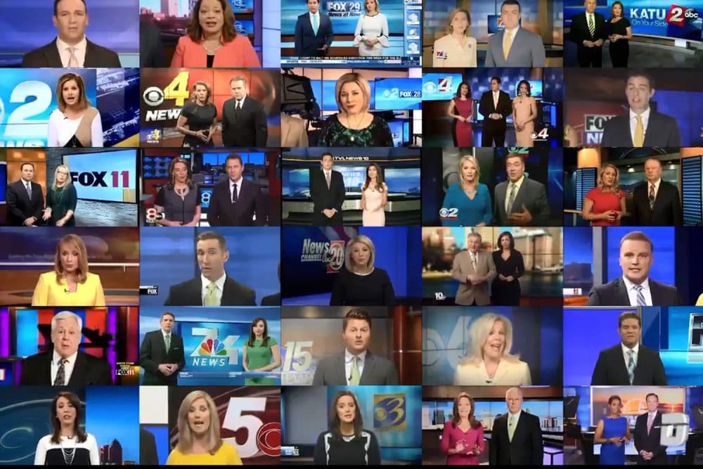 A screen capture of a video compiled by Deadspin showing news anchors around the country reading a scripted message from Sinclair Broadcasting. (Twitter/Deadspin)