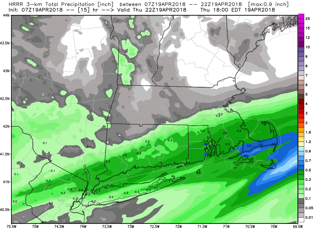 Total precipitation won't amount to very much today. (Courtesy WeatherBell)