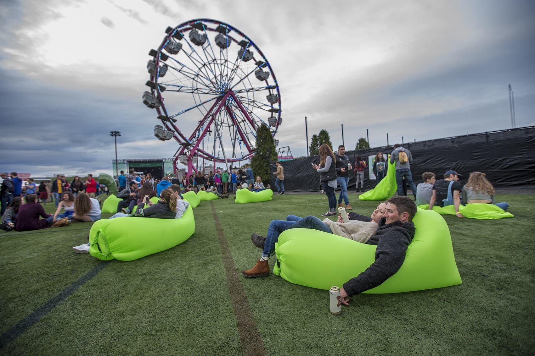Festival-goers relax in an air hammock at last year's Boston Calling Music Festival. (Jesse Costa/WBUR)
