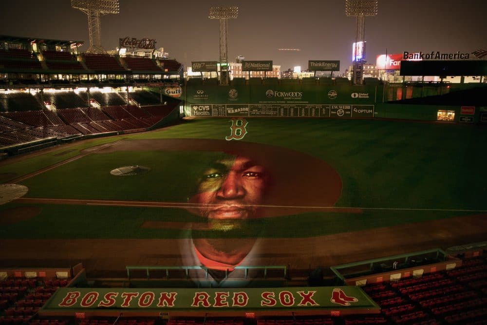 A portrait of former Red Sox slugger David Ortiz (&quot;Big Papi&quot;) projected in Fenway Park. (Courtesy Erik Jacobs)