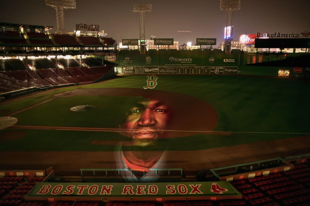 A portrait of former Red Sox slugger David Ortiz ("Big Papi") projected in Fenway Park. (Courtesy Erik Jacobs)
