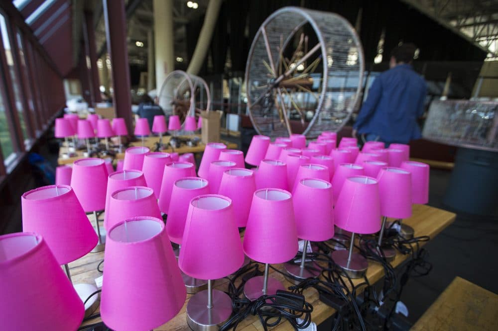 These pink lamps will be placed on the tables and around the perimeter seating. (Jesse Costa/WBUR)