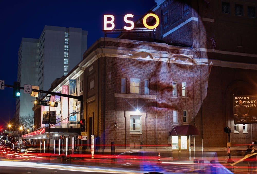 A portrait of musician Yo-Yo Ma projected onto Symphony Hall. (Courtesy Erik Jacobs)