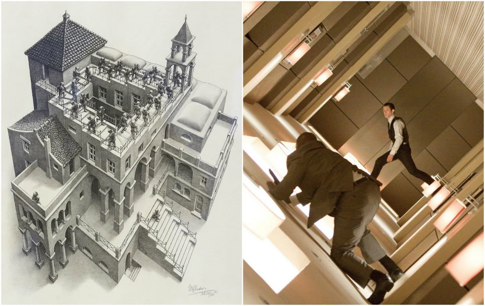 On the left, M.C. Escher's "Ascending and Descending." On the right, a still from Christopher Nolan's "Inception." (Robin Lubbock/WBUR and MFA)