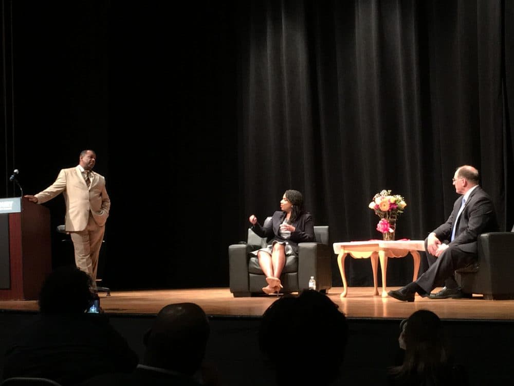 Sheriff Steven Tompkins, at left, moderates a forum with City Councillor Ayanna Pressley and U.S. Rep Michael Capuano. (Courtesy of Jennifer Smith)