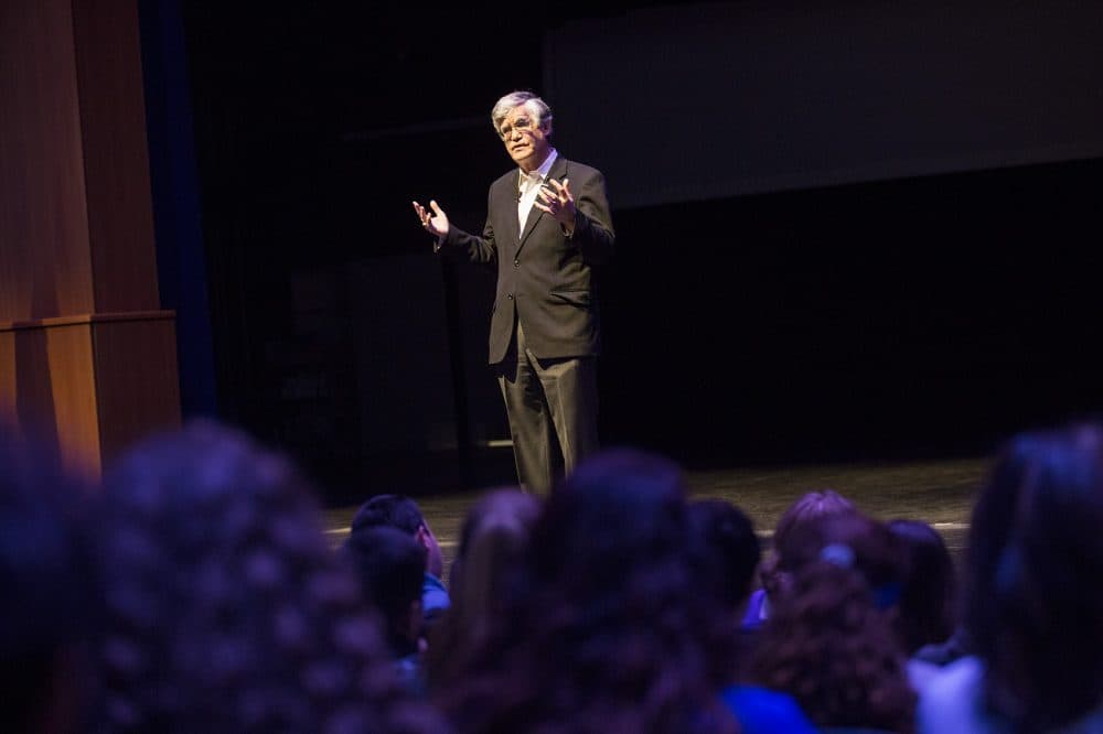 John Broderick, a former chief justice of the New Hampshire Supreme Court, speaks to high school students in Salem, N.H., about mental health awareness. (Jesse Costa/WBUR)