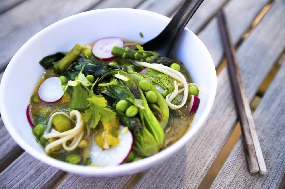 Miso-ginger broth with udon noodles and asparagus. (Jesse Costa/WBUR)