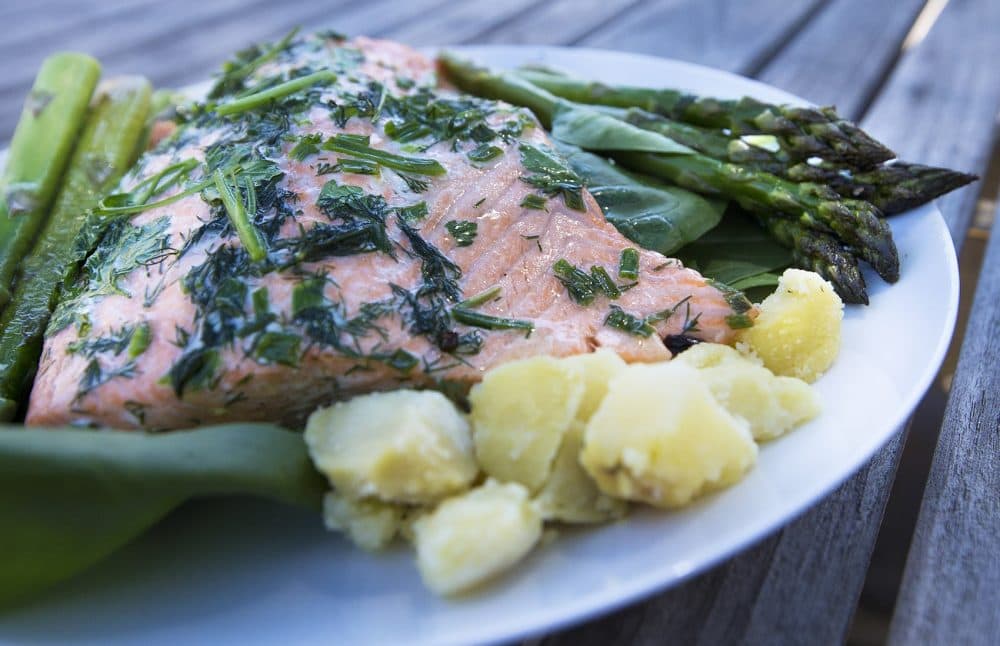 Kathy's salmon, asparagus and potato salad. (Jesse Costa/WBUR)