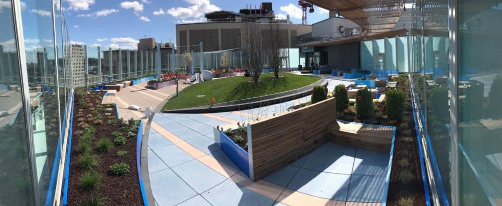 A small patch of greenery with a slight slope sits in the middle of the hospital's new rooftop garden. (Courtesy Boston Children's Hospital)