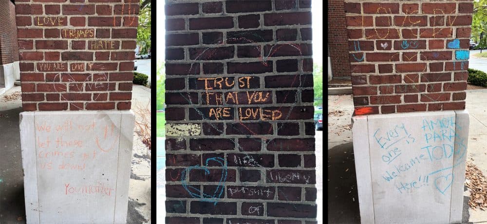 In the wake of the discovery of anti-gay and anti-Semitic graffiti at Arlington High School earlier this month, students posted messages of love and inclusion in chalk on school walls. (Courtesy Olivia Weiss)
