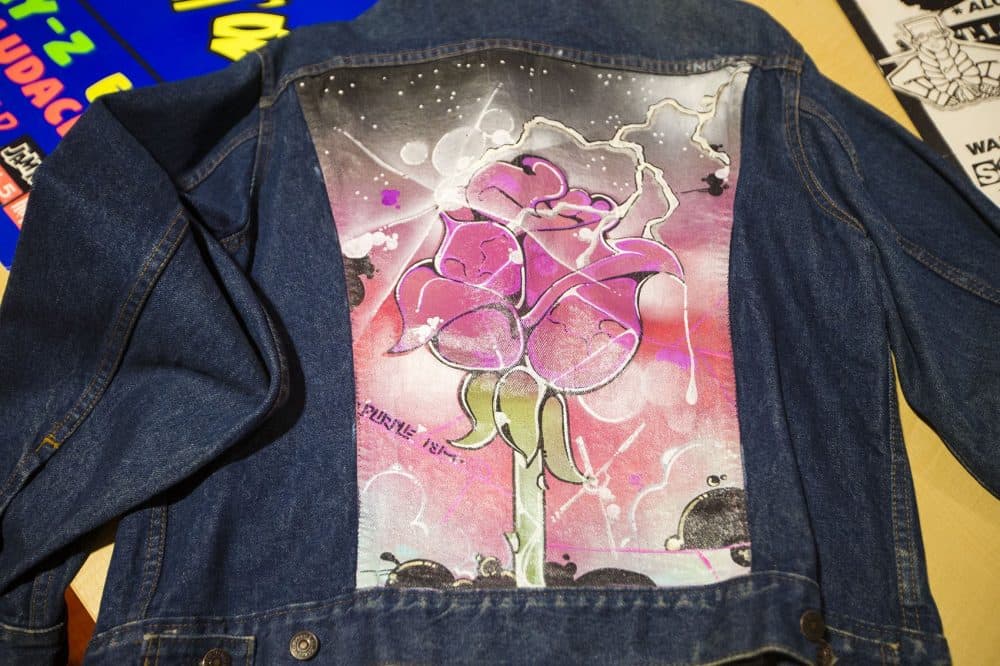 A jacket that Rob Stull illustrated in the '80s. (Jesse Costa/WBUR)