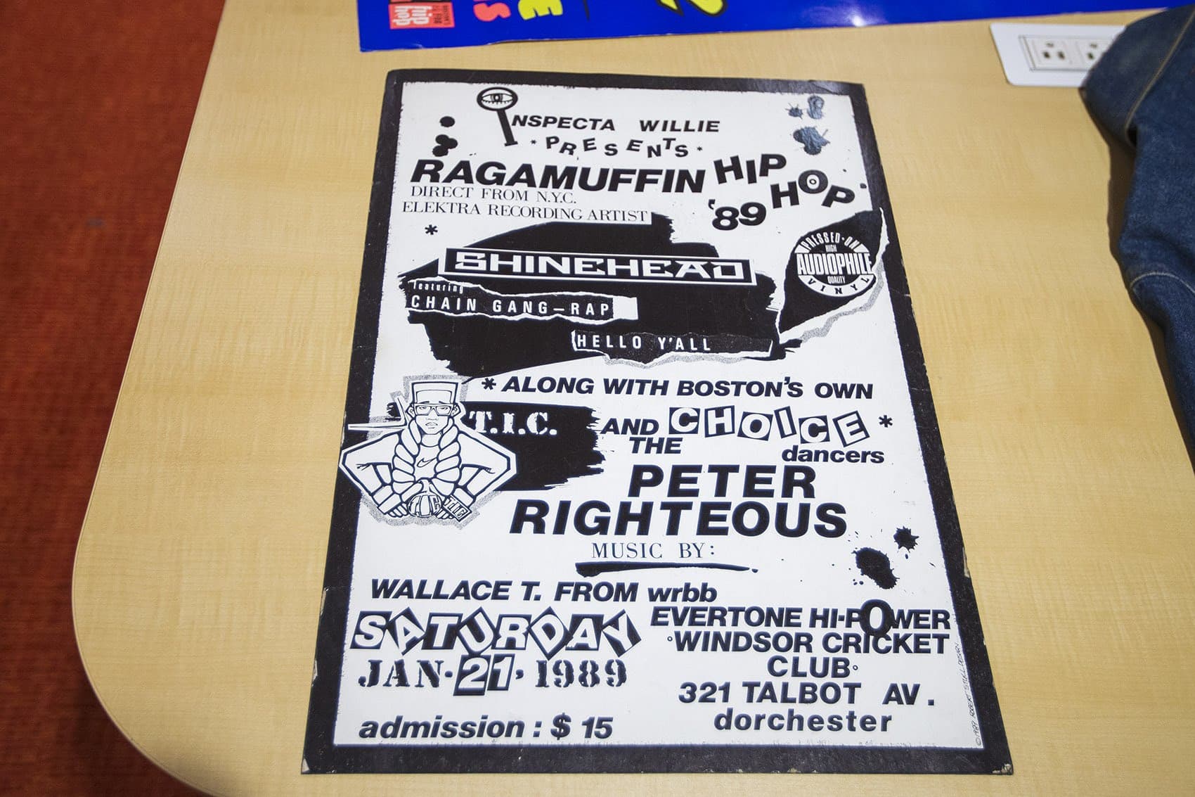 A poster Rob Stull designed for a show at the Windsor Cricket Club in Dorchester that was headlined by Bronx rapper/DJ Shinehead, featuring Boston breakdancing crew the Choice Dancers. (Jesse Costa/WBUR)