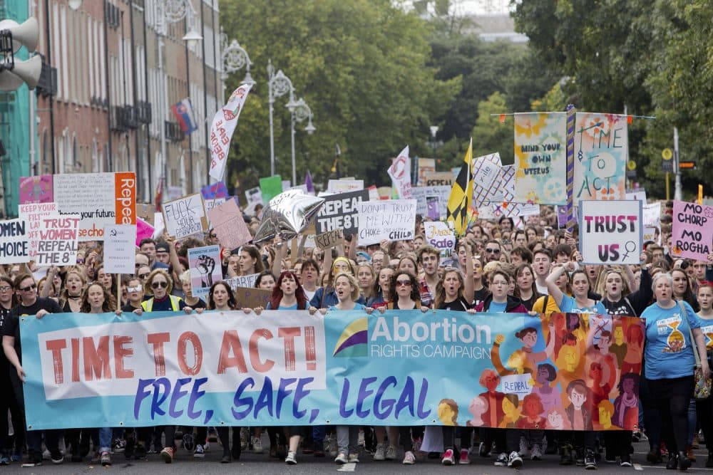 Demonstrators participate at The March for Choice event in Dublin, Ireland, calling for a change to Ireland's strict abortion laws in September, 2017. (Tom Honan/PA via AP)