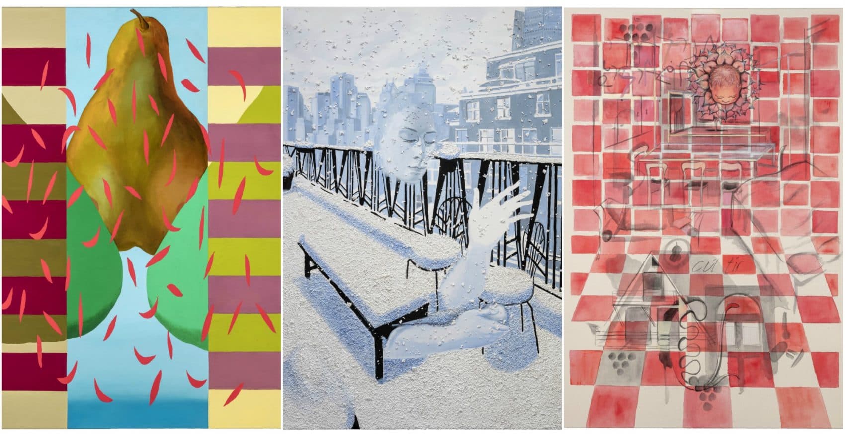 Three of Allison Katz's paintings: From left to right, &quot;Sweety,&quot; &quot;Slippy&quot; and &quot;Wheezy.&quot; (Courtesy of the artist)  