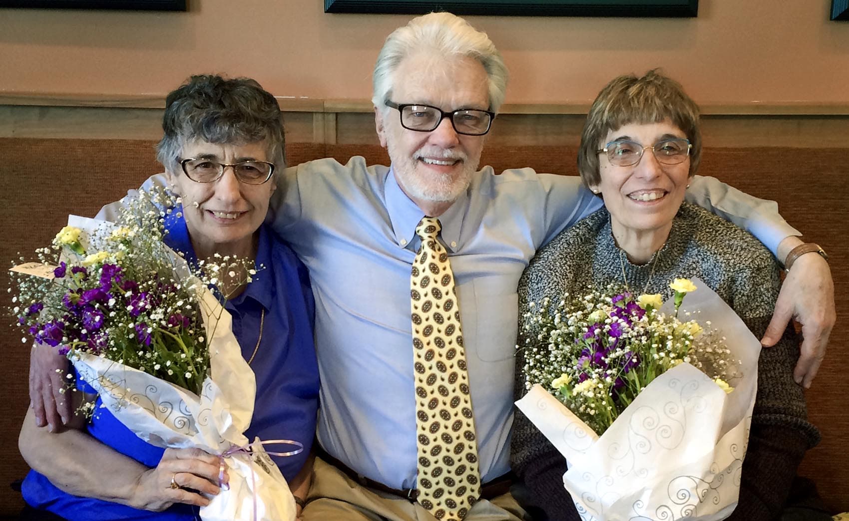 Bruce Smit (center) decided to seek out the two little girls he tormented as a child at Monee Elementary School. The sisters, Lorraine O'Kelly (right) and Kathleen Rys (left), were willing to meet with him. (Courtesy Tammy Smit)