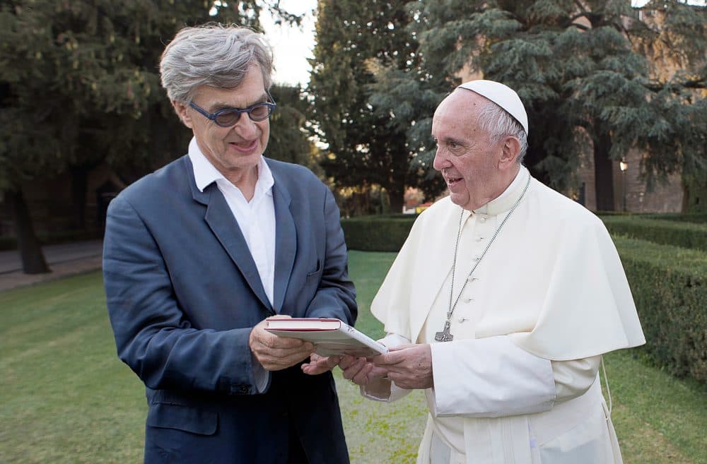 Director Wim Wenders with Pope Francis during filming. (Courtesy Francesco Sforza/Focus Features)