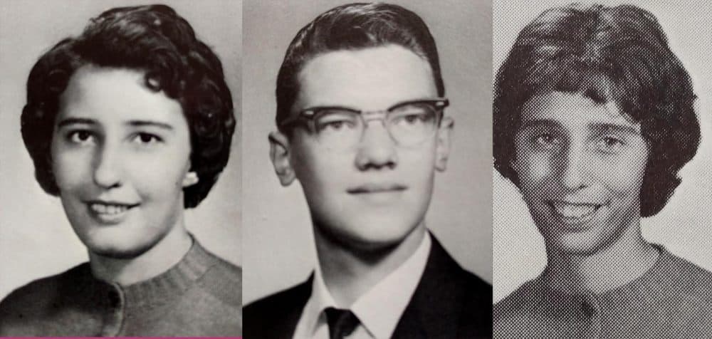 Bruce Smit (center), Lorraine O'Kelly (right) and Kathleen Rys (left) in their 1964 high school yearbook photos. (Courtesy of Mary O'Kelly)