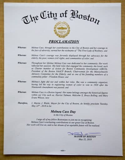 The Walsh administration declares May 22, 2018, &quot;Melnea Cass Day&quot; in the city of Boston. (Jesse Costa/WBUR)