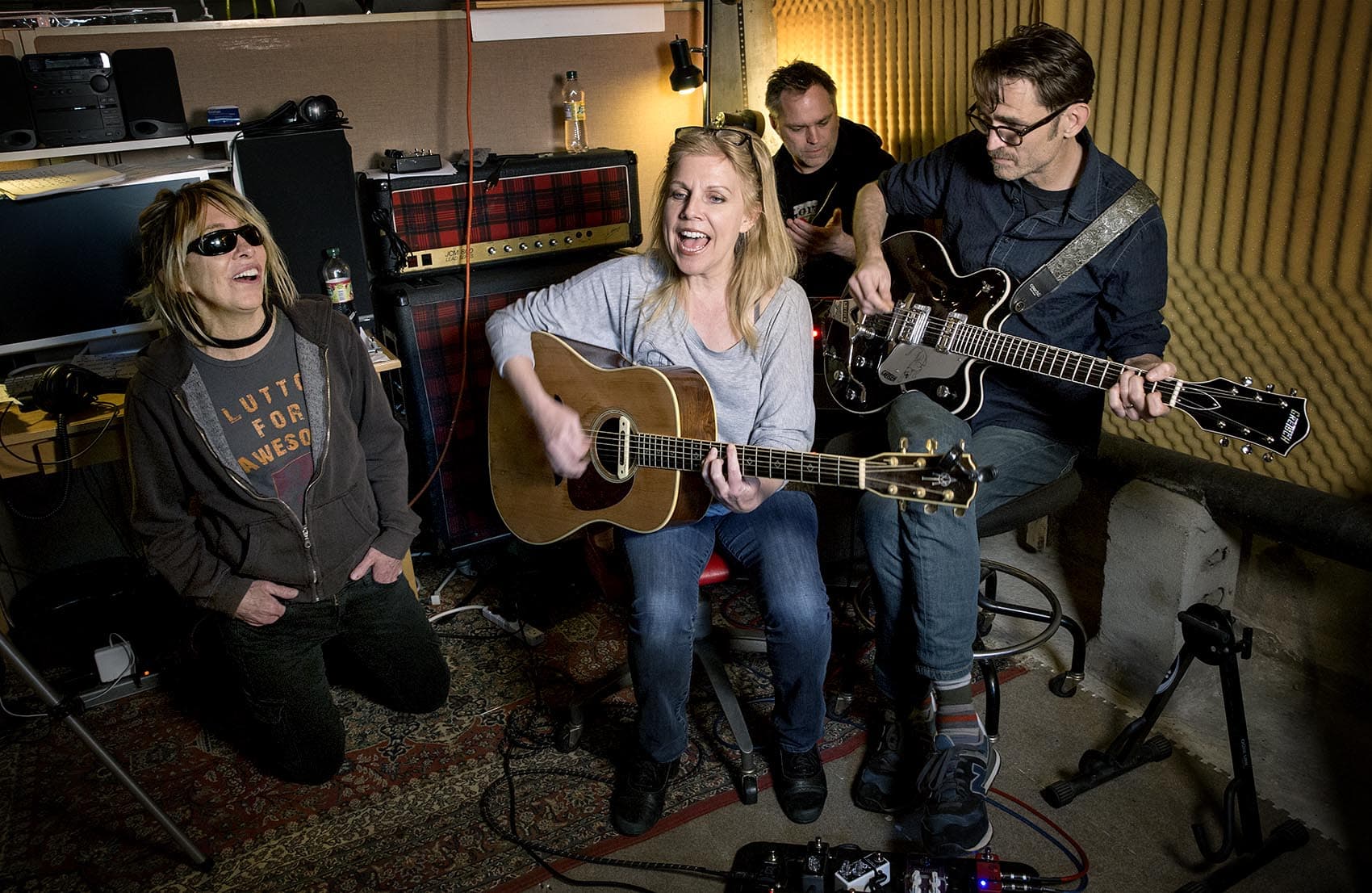 Belly play "Feed The Tree" in their basement studio in Rhode Island. (Robin Lubbock/WBUR)