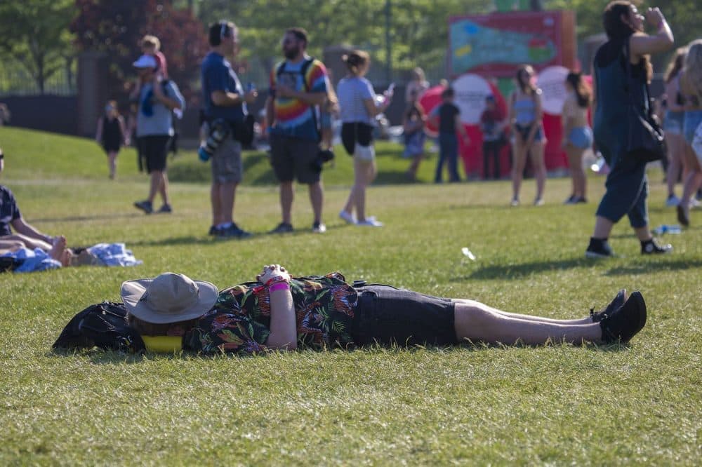 A festival-goer takes a nap in between bands. (Jesse Costa/WBUR)