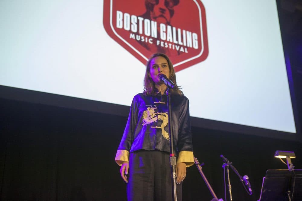 Natalie Portman introduces an act. (Jesse Costa/WBUR)