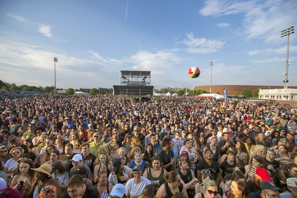A beach ball flies out into the crowd. (Jesse Costa/WBUR)