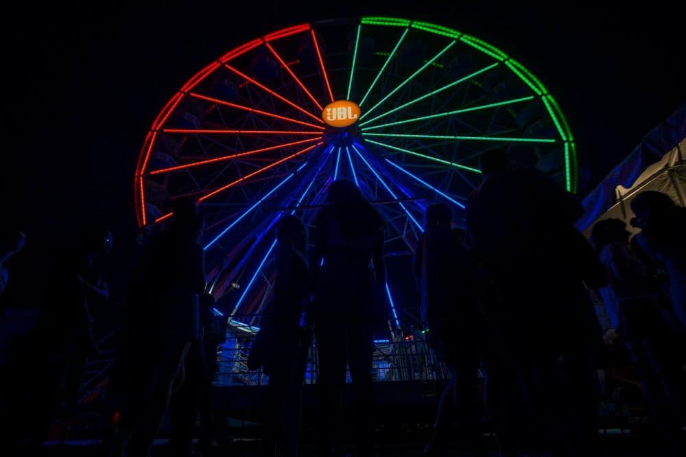 People stand in line to ride the Ferris Wheel. (Jesse Costa/WBUR)